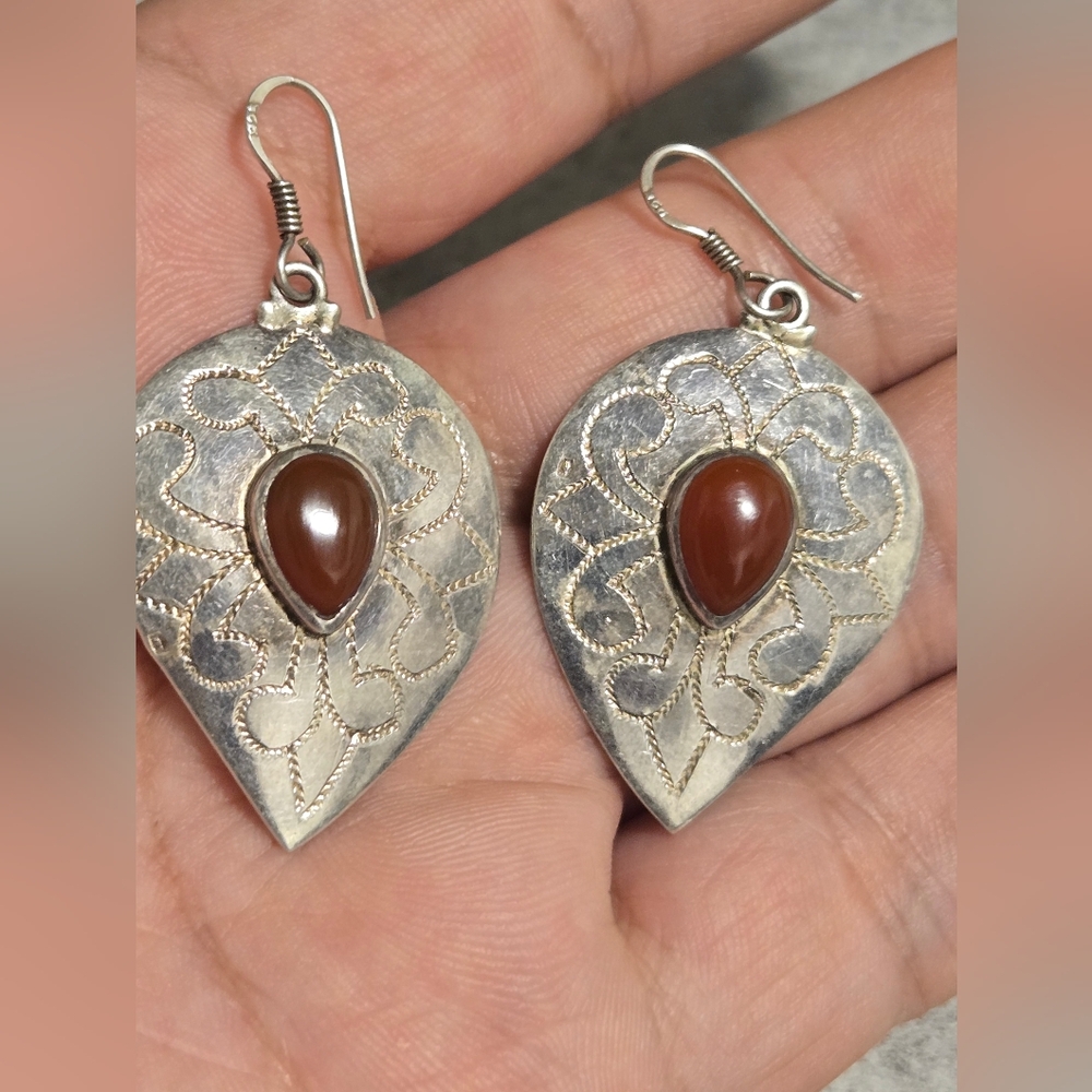 Vintage Sterling Silver and Brown Teardrop Earrings